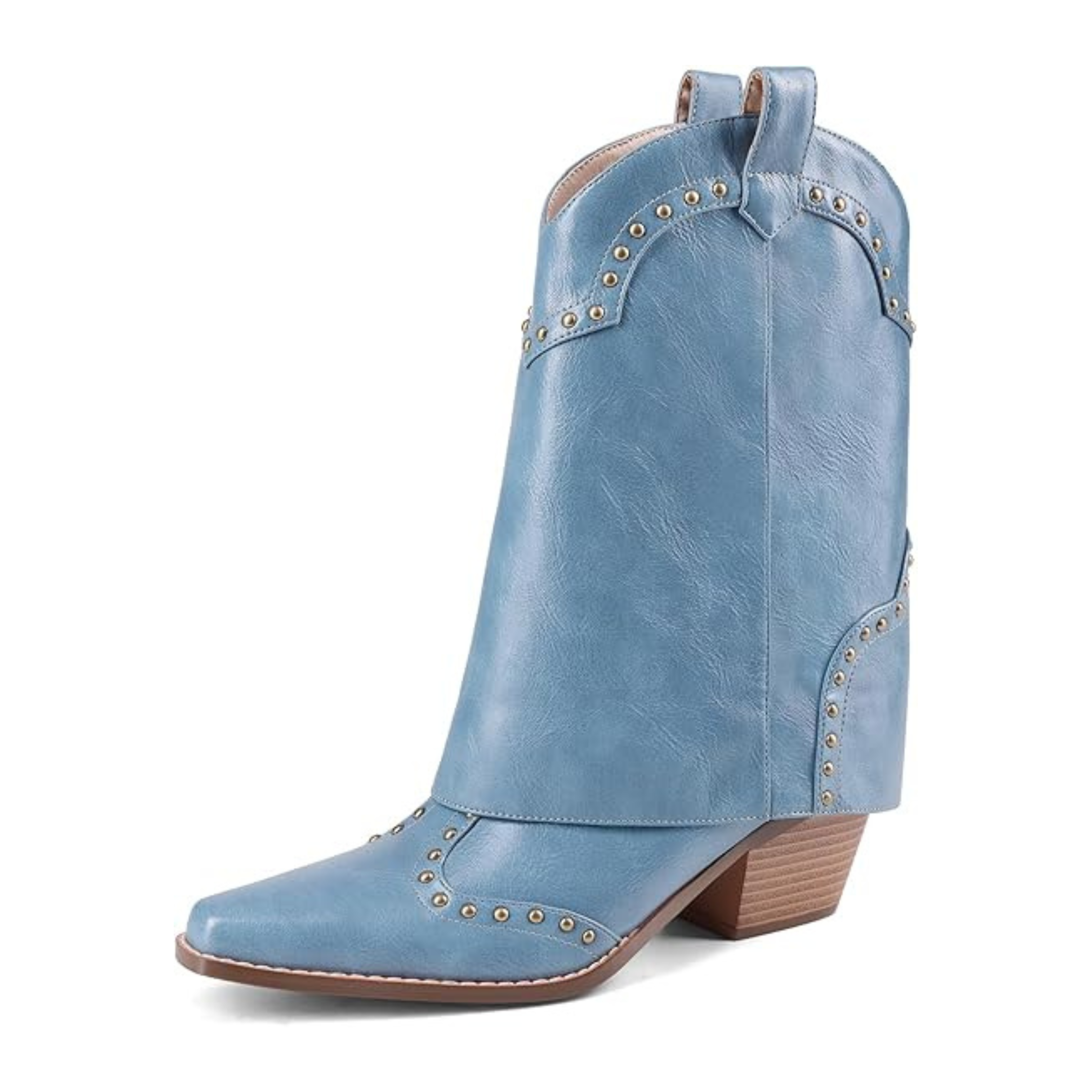 Women’s Fold Over Cowboy Ankle Boots – Studded Snip Toe, Chunky Heel