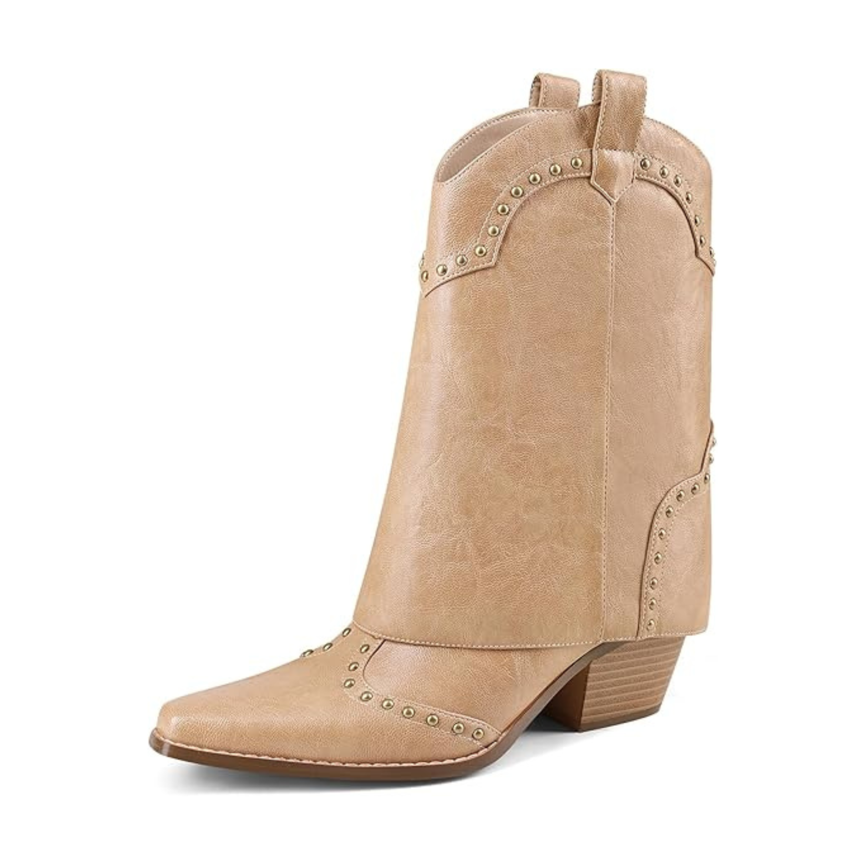 Women’s Fold Over Cowboy Ankle Boots – Studded Snip Toe, Chunky Heel