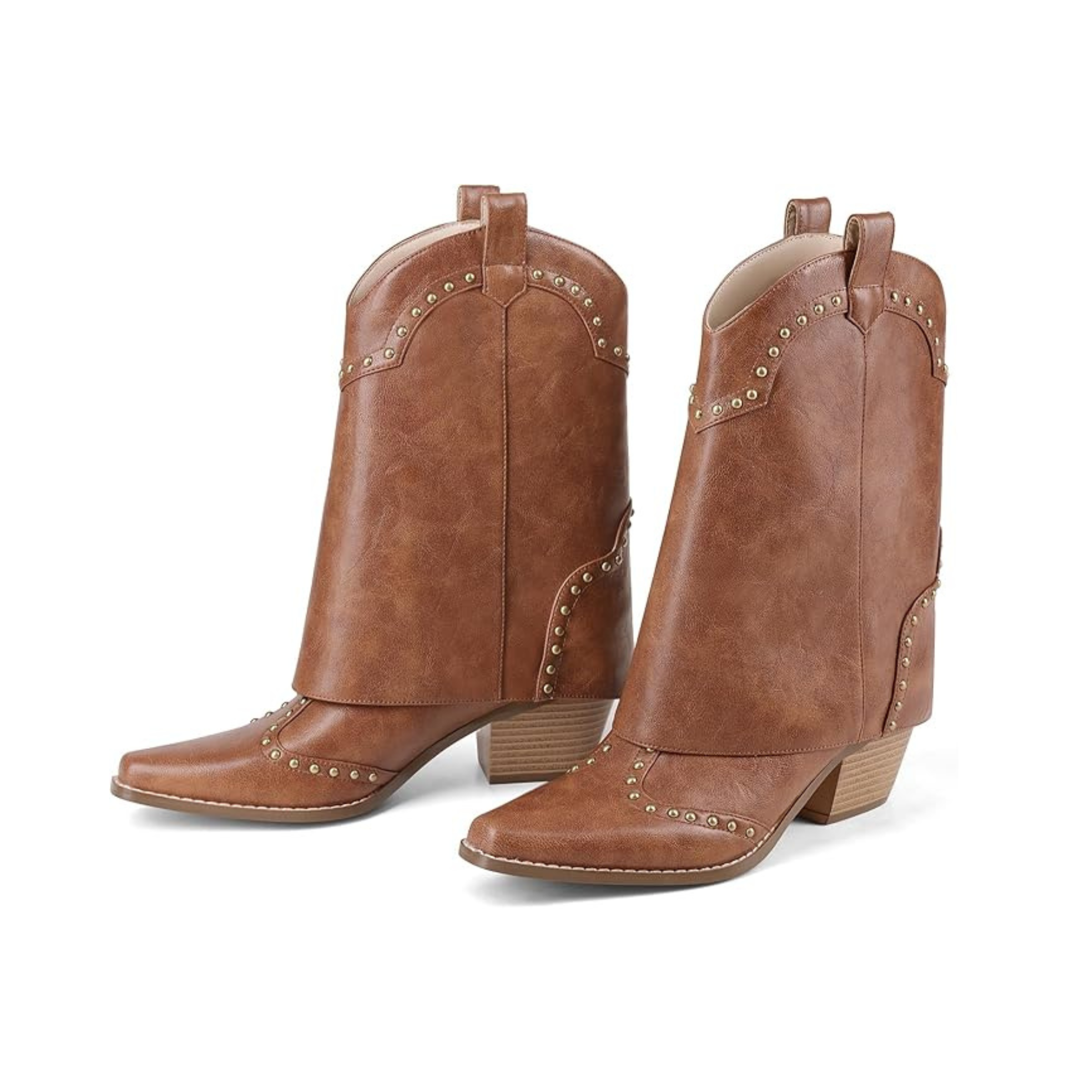 Women’s Fold Over Cowboy Ankle Boots – Studded Snip Toe, Chunky Heel