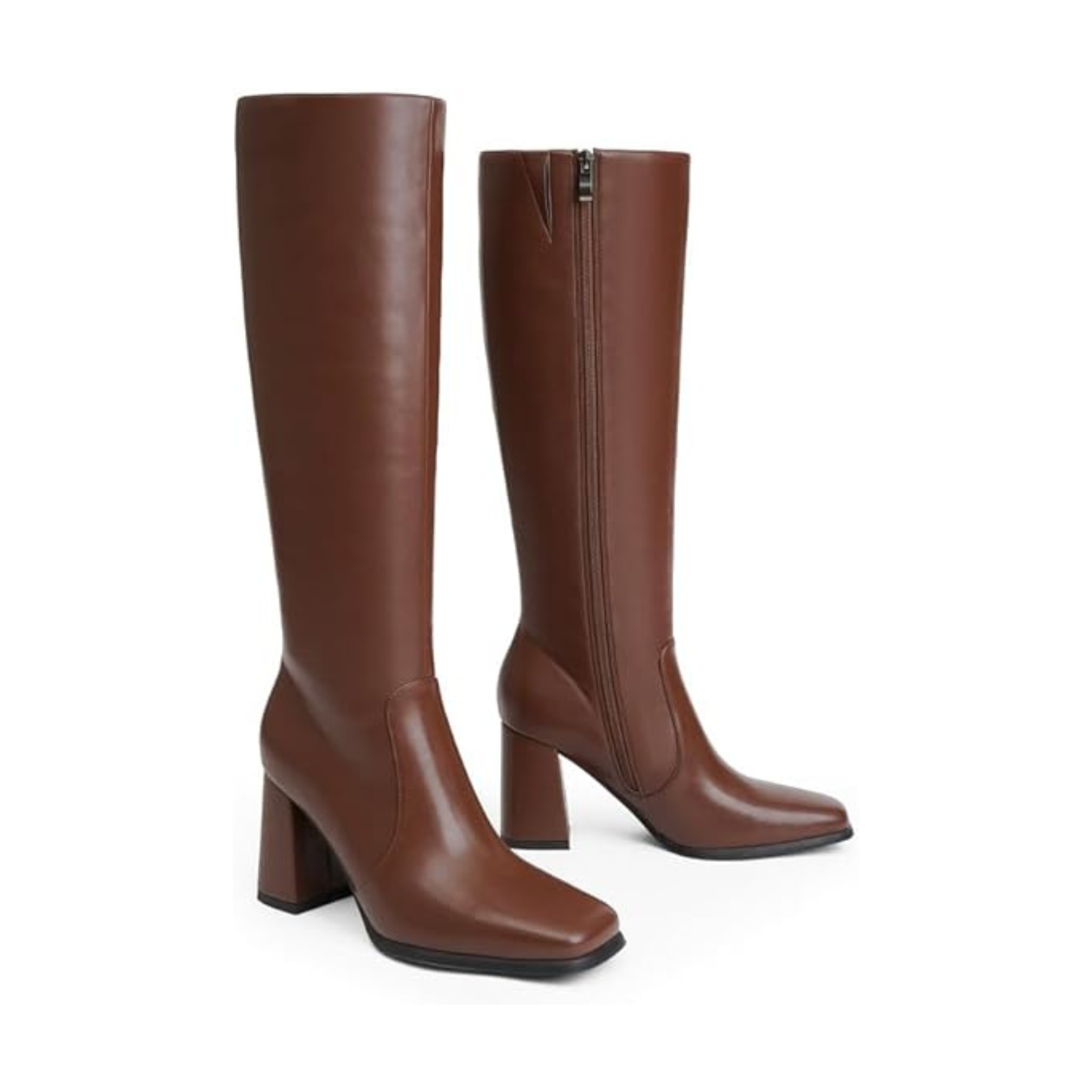 Women’s Knee-High Chunky Heel Boots – Square Toe, Side Zipper