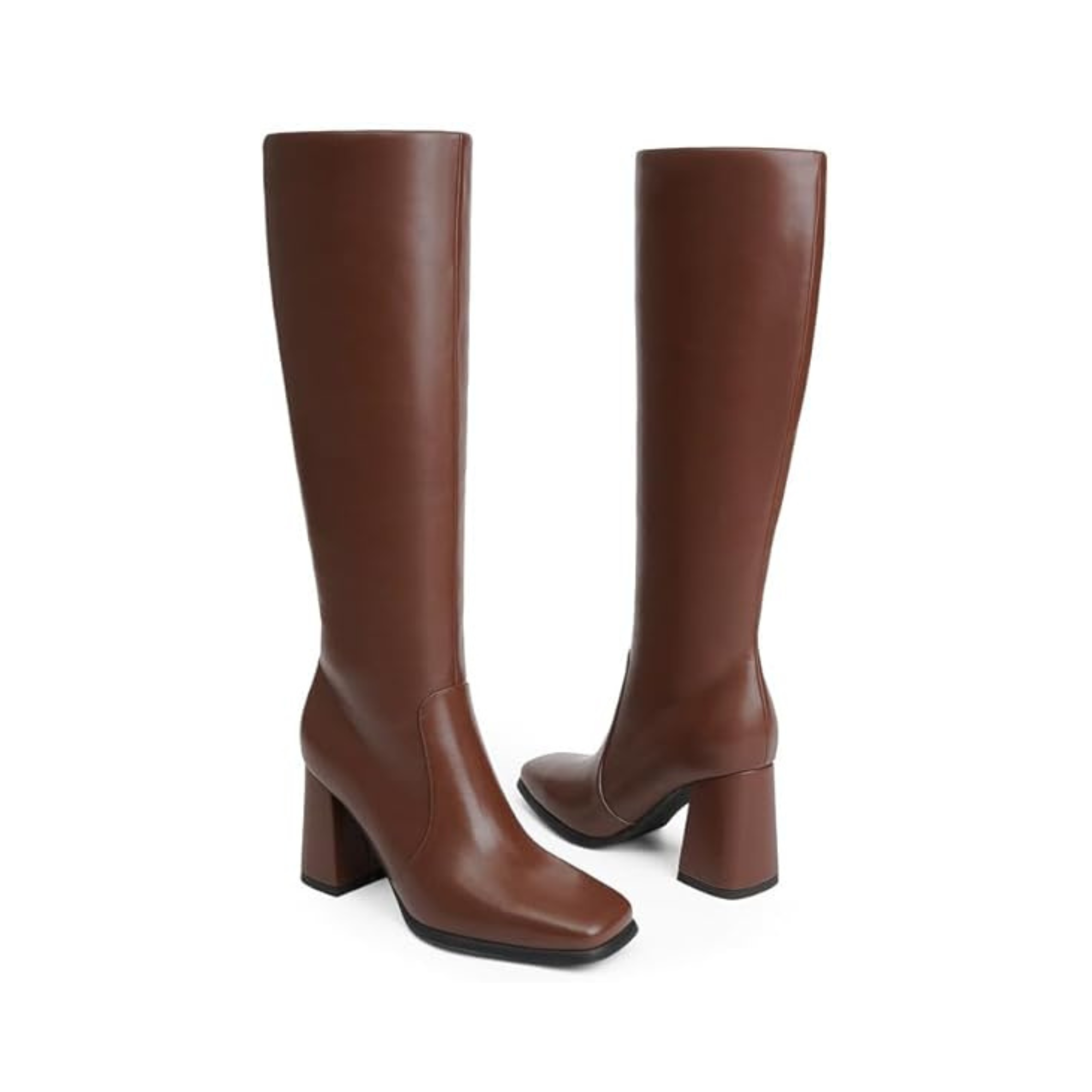 Women’s Knee-High Chunky Heel Boots – Square Toe, Side Zipper