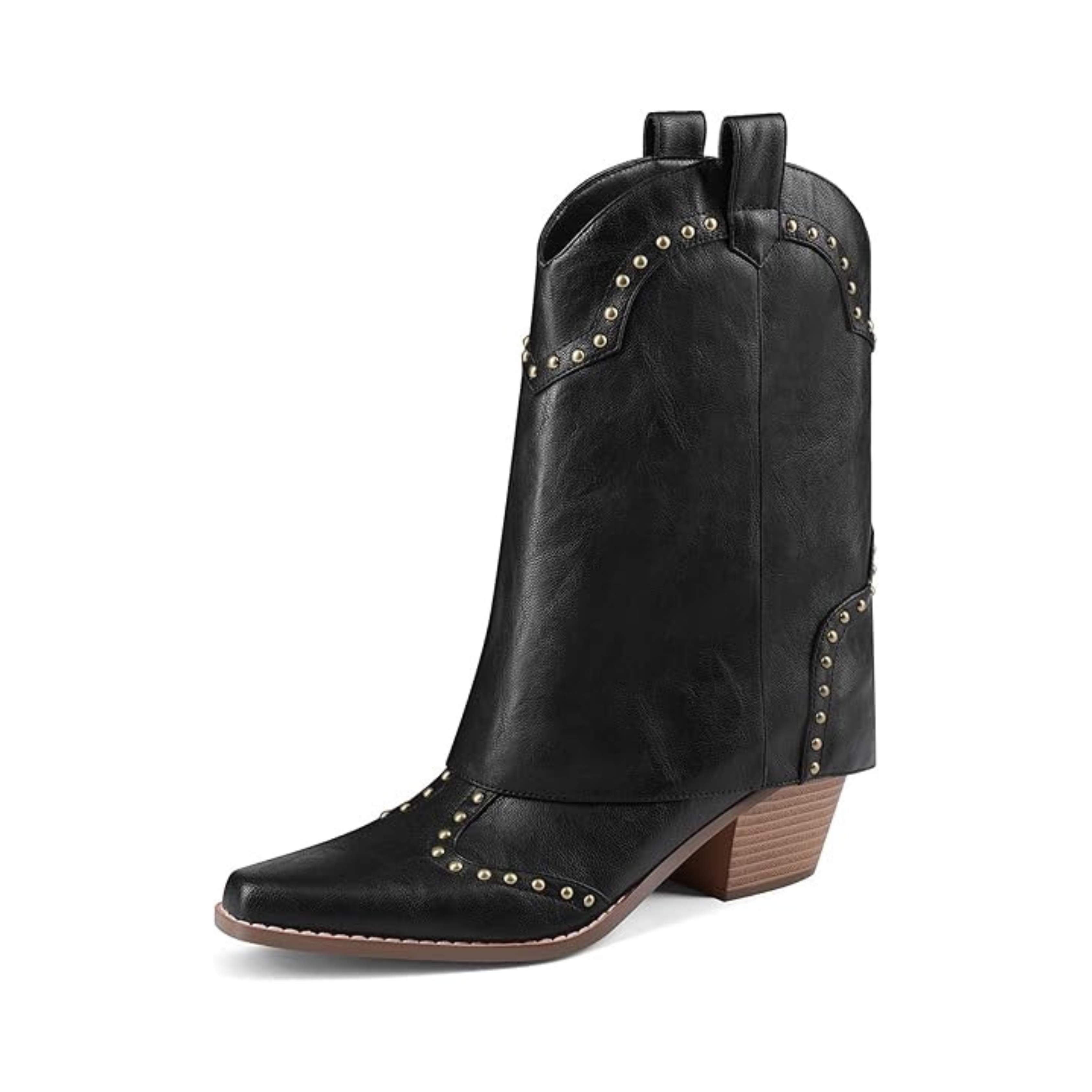 Women’s Fold Over Cowboy Ankle Boots – Studded Snip Toe, Chunky Heel